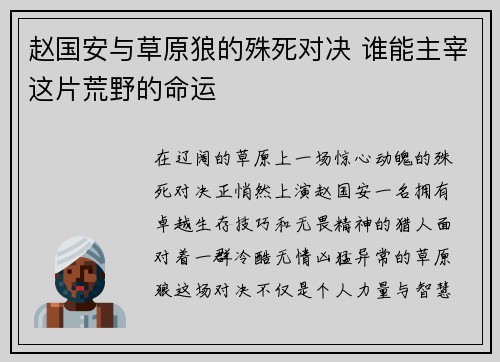 赵国安与草原狼的殊死对决 谁能主宰这片荒野的命运