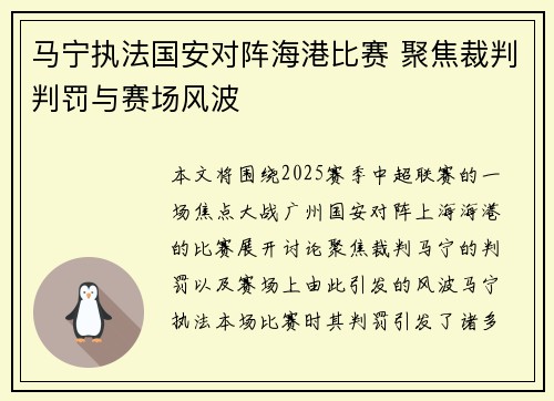 马宁执法国安对阵海港比赛 聚焦裁判判罚与赛场风波